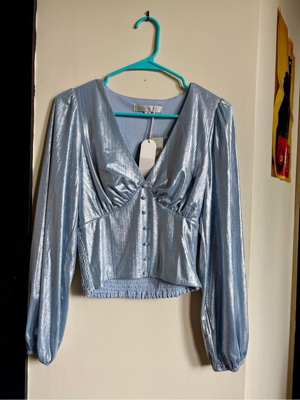 Anthropologie Metallic Light Blue V-Neck Button-Front Blouse